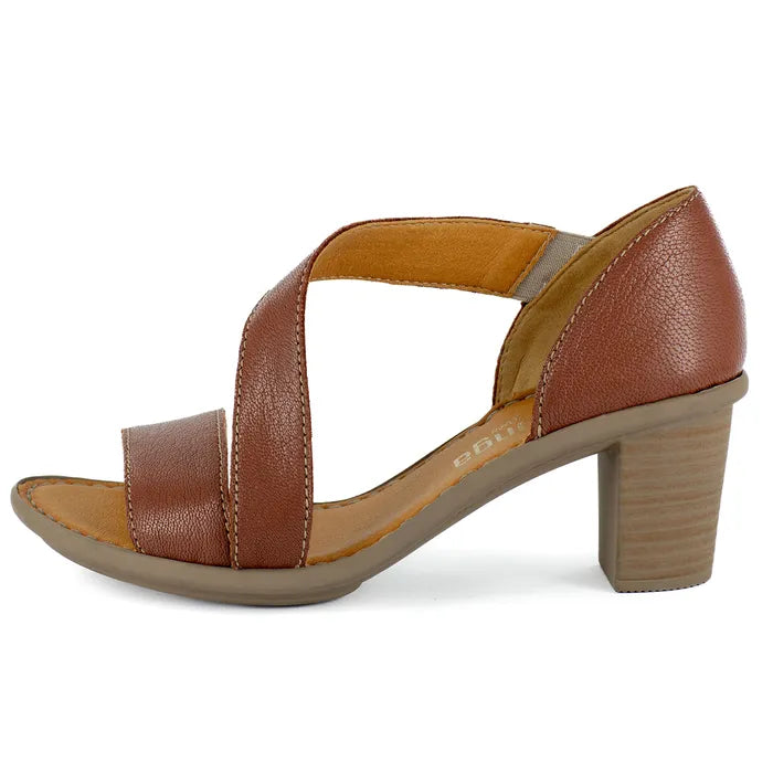Brown sandal with a block heel on a white background