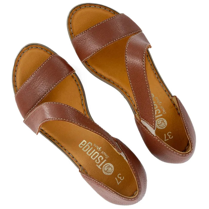 Pair of brown sandals with 'Tsonga' branding on a white background