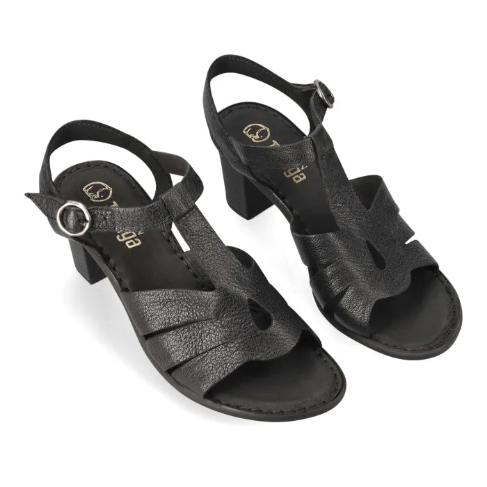 A pair of black textured leather block-heel sandals with cutout details and adjustable ankle straps, displayed on a clean white background.