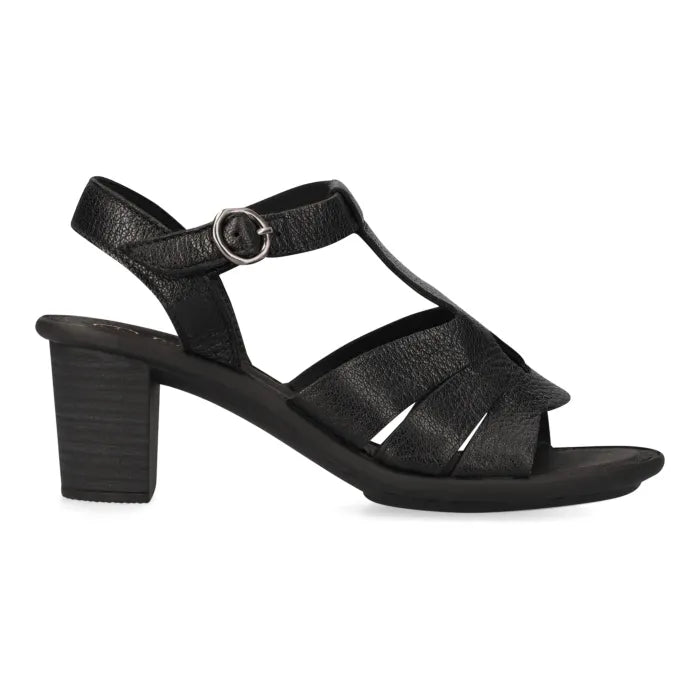 A black leather block-heel sandal with a T-strap and adjustable ankle strap featuring a silver-tone buckle, shown from a side profile on a white background.