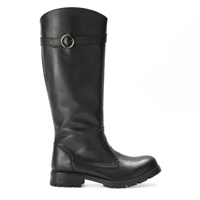 Black knee-high boot with a strap and buckle on a white background