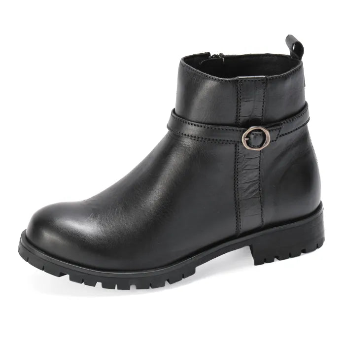 Black leather boot with a buckle on a white background