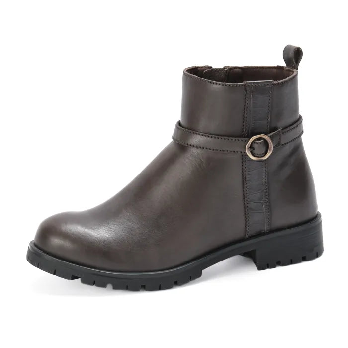 Brown leather boot with a buckle on a white background