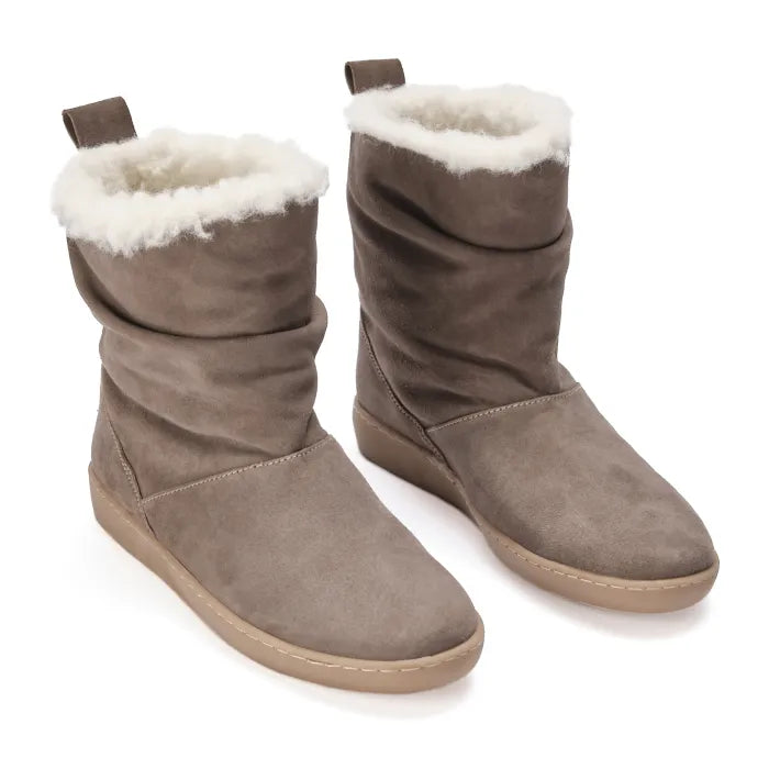 Pair of brown suede boots with white fur lining on a white background