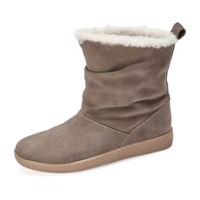Brown suede boot with white fur lining on a white background