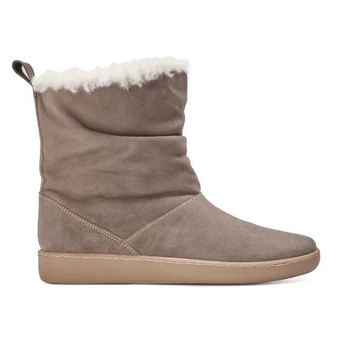 Brown winter boot with white fur lining on a white background