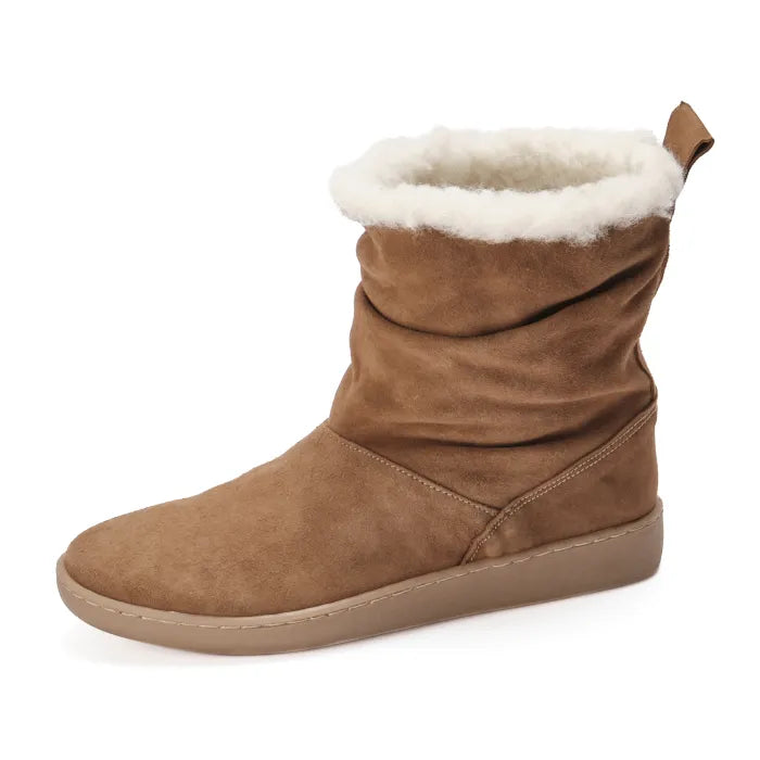 Brown suede boot with white wool lining on a white background