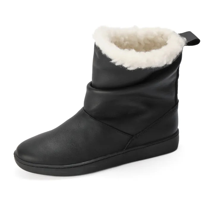 Black ankle boot with white wool lining on a white background
