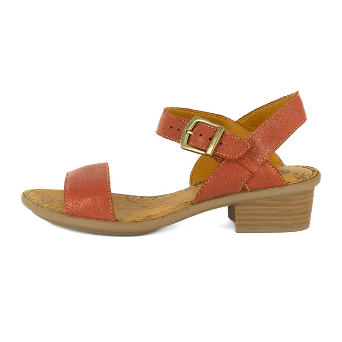 Women’s burnt orange block heel ankle strap sandal.