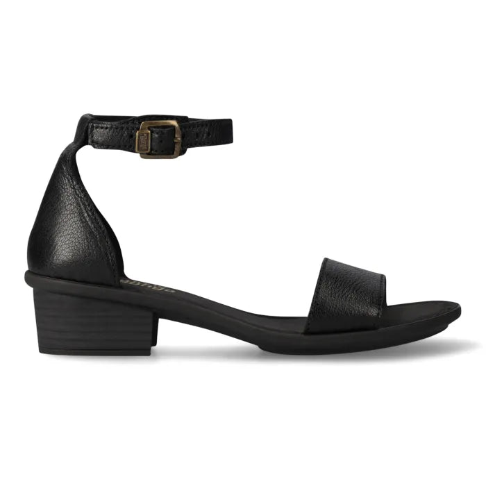 A single black leather sandal with an ankle strap and block heel, shown in a side profile on a white background.