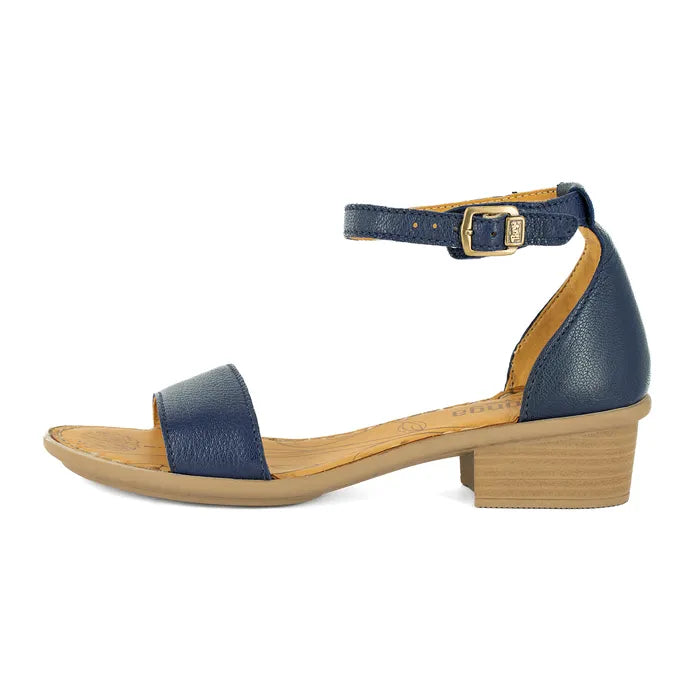 Navy sandal with wooden sole on a white background