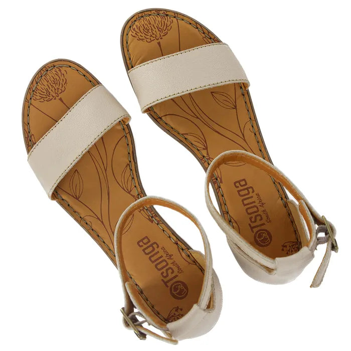 Pair of sandals with beige straps on a white background