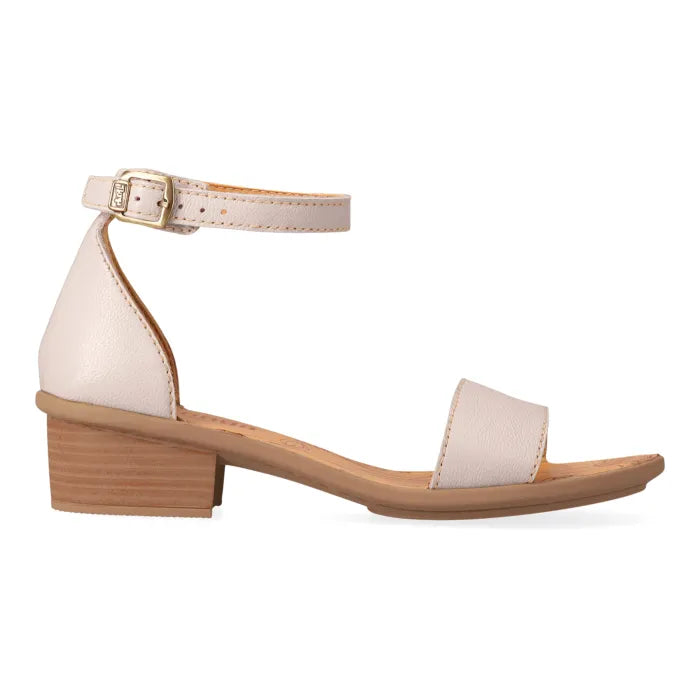 Beige sandal with a block heel on a white background