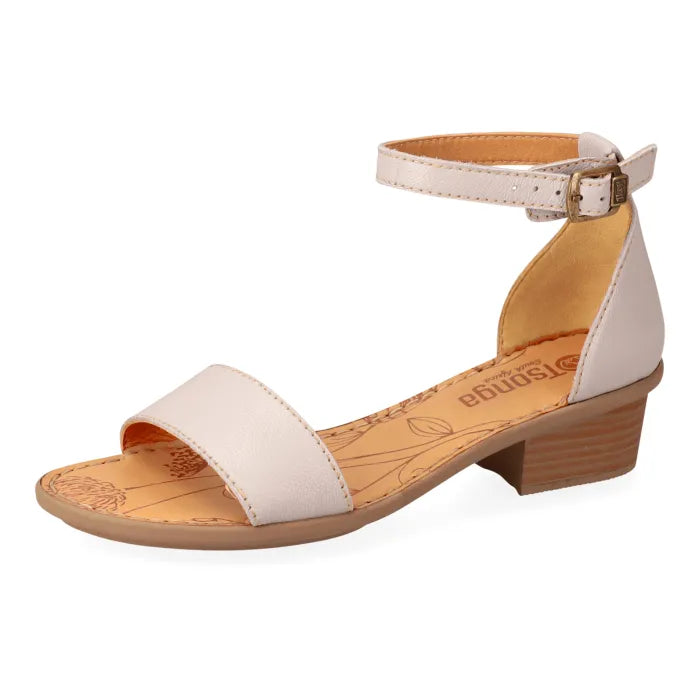 Cream sandal with tan insole on a white background