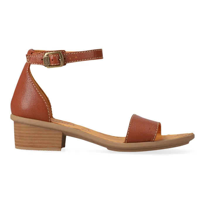 Brown sandal with a beige heel on a white background