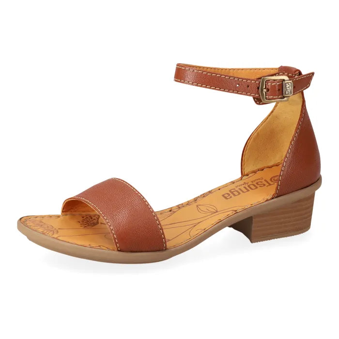 Brown sandal with an ankle strap on a white background
