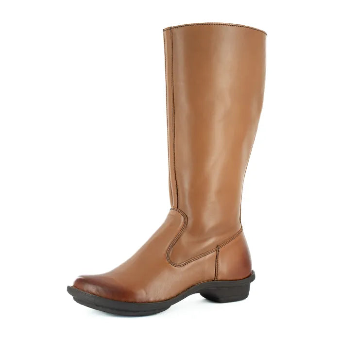 Women’s hazel brown leather calf-high boots.