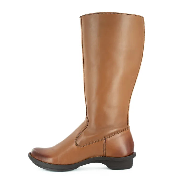 Women’s hazel brown leather calf-high boots.