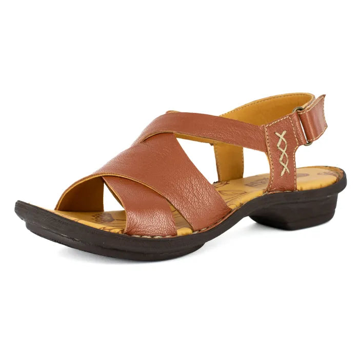 Women’s tan leather crossover strap slingback sandals.
