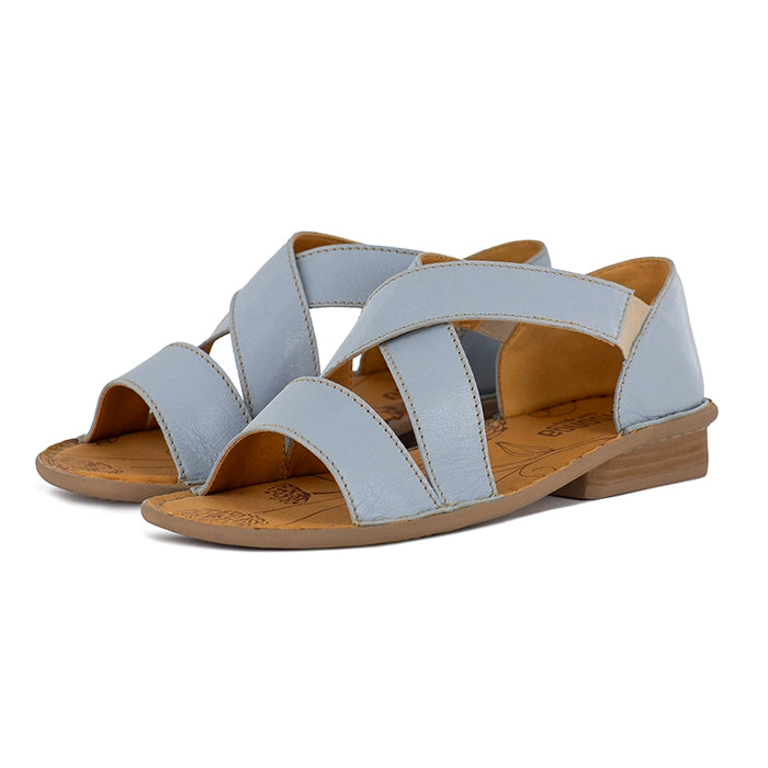 Light blue sandal with beige sole on a white background