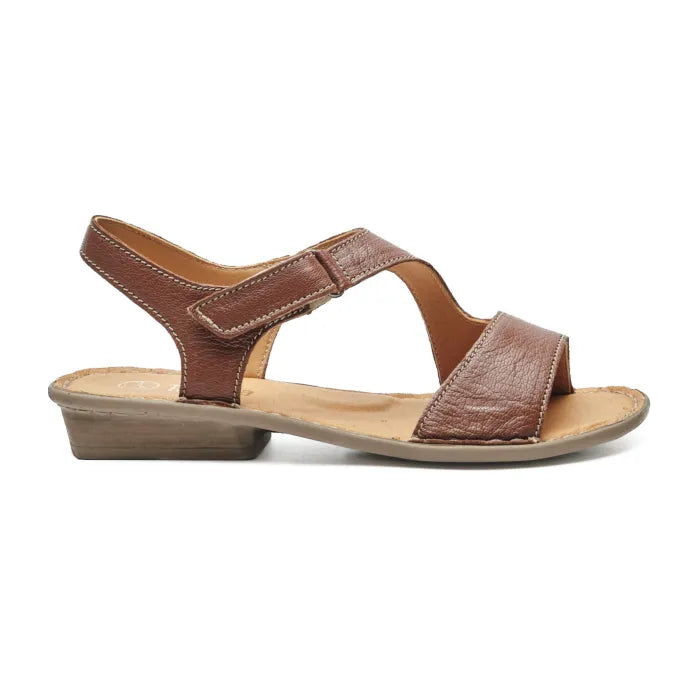 A brown leather T-strap sandal with a low block heel, shown in a side profile view against a plain white background.