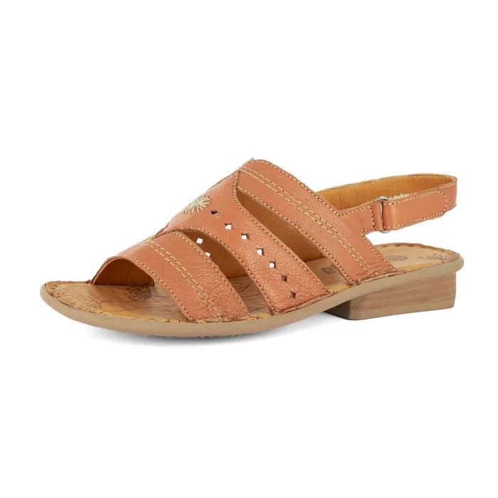 Tan sandal with block sole on a white background