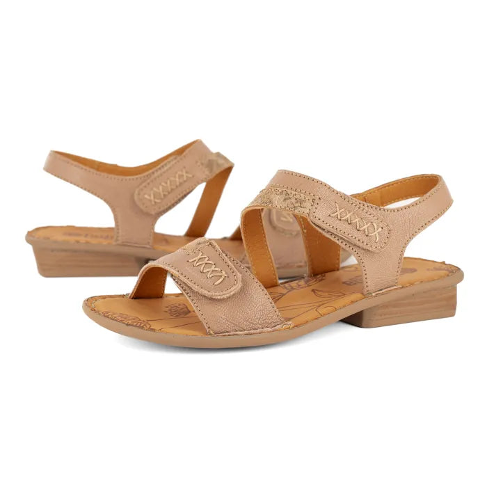 Pair of beige sandals with block soles on a white background