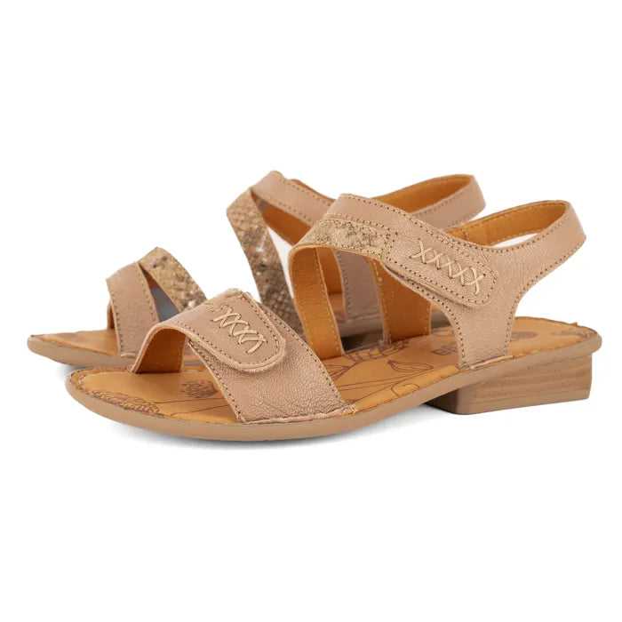 Beige sandals with multiple straps on a white background