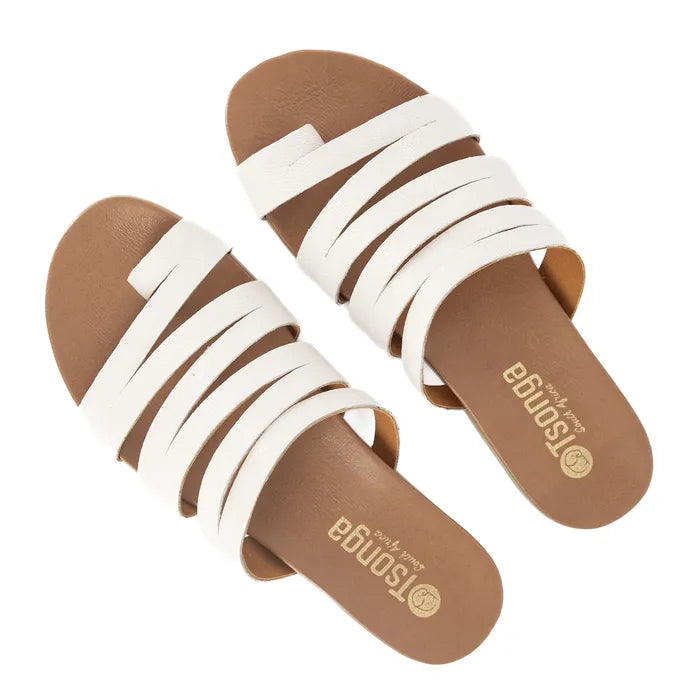 Pair of sandals with white straps and brown soles on a white background