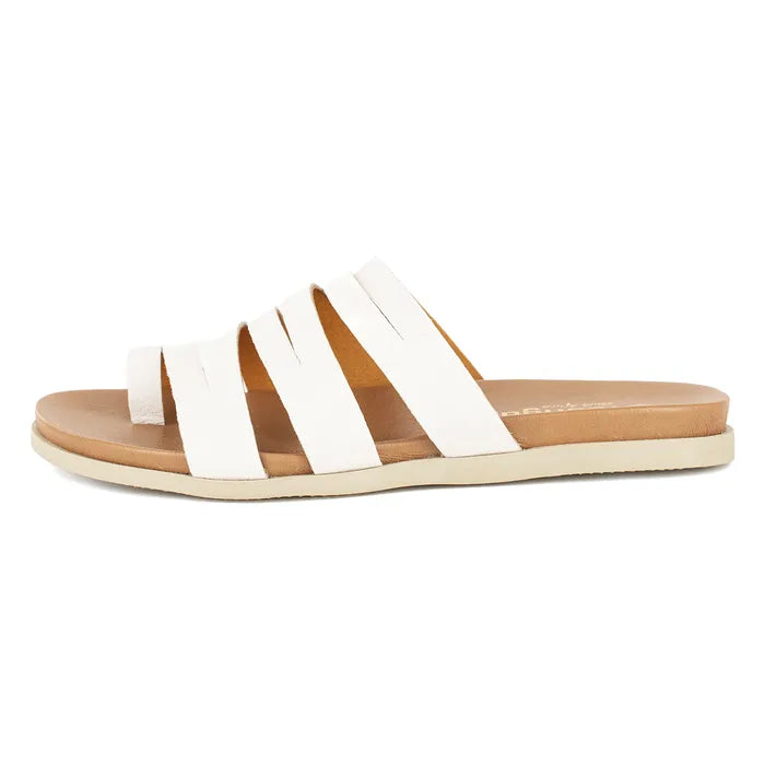 White sandal with brown sole on a white background