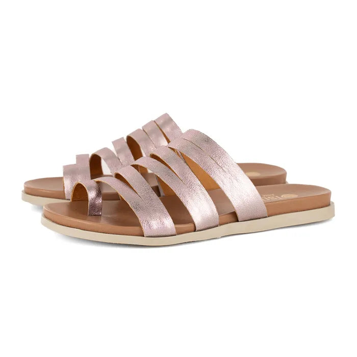 Pair of rose gold sandals on a white background