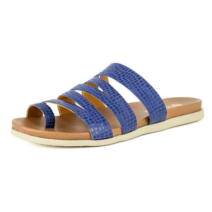 Blue sandal with a brown sole on a white background