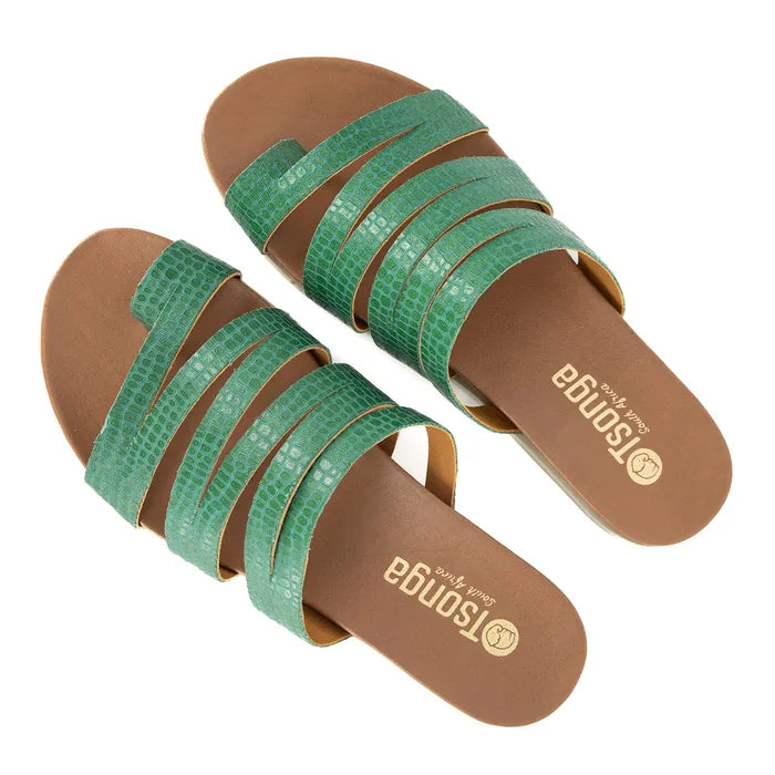 Pair of green and brown sandals with 'Tsonga' branding on a white background