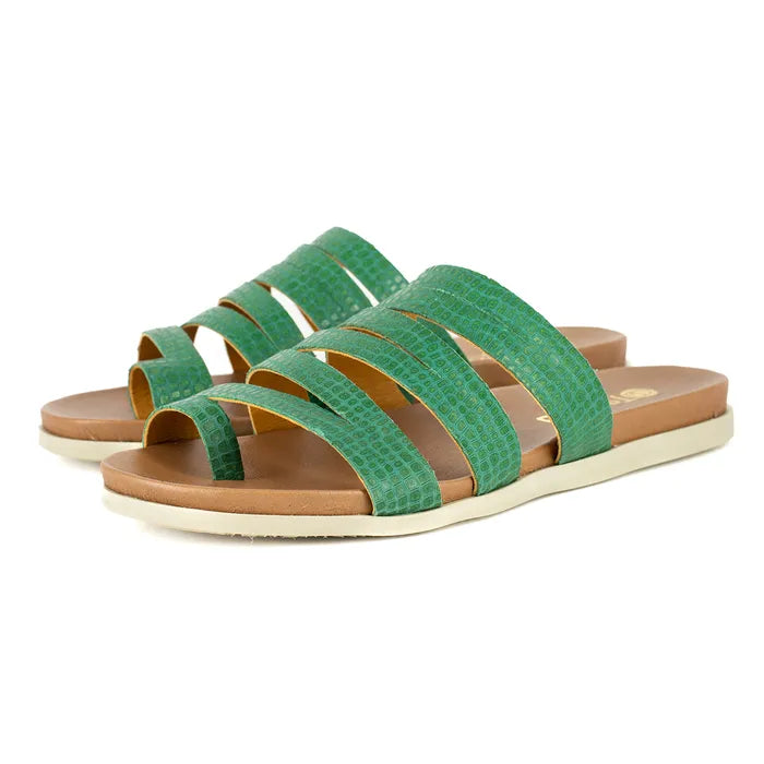 Green sandals with brown soles on a white background