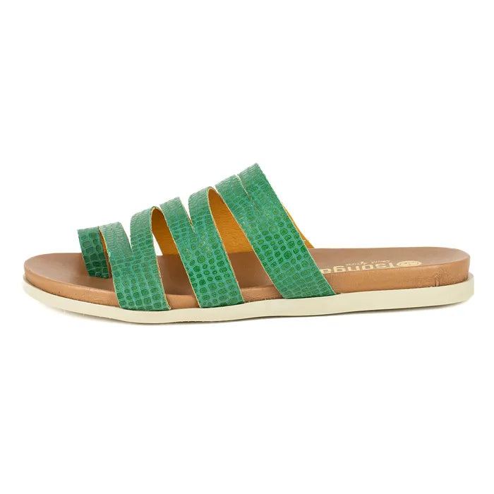 Green sandal with multiple straps on a white background
