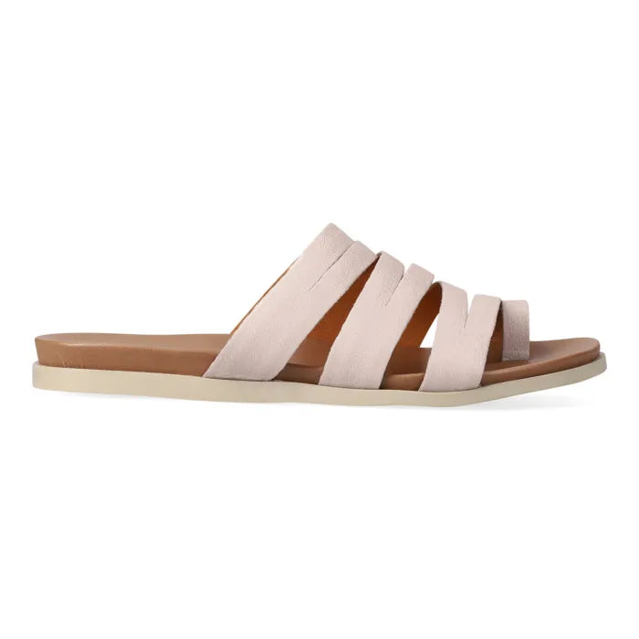 Beige sandal with multiple straps on a white background