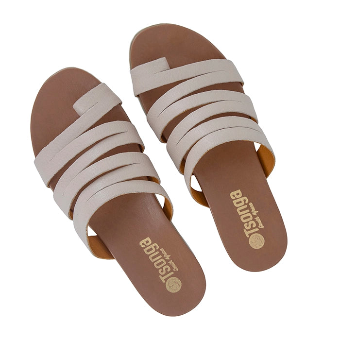Pair of sandals with beige straps and brown soles on a white background