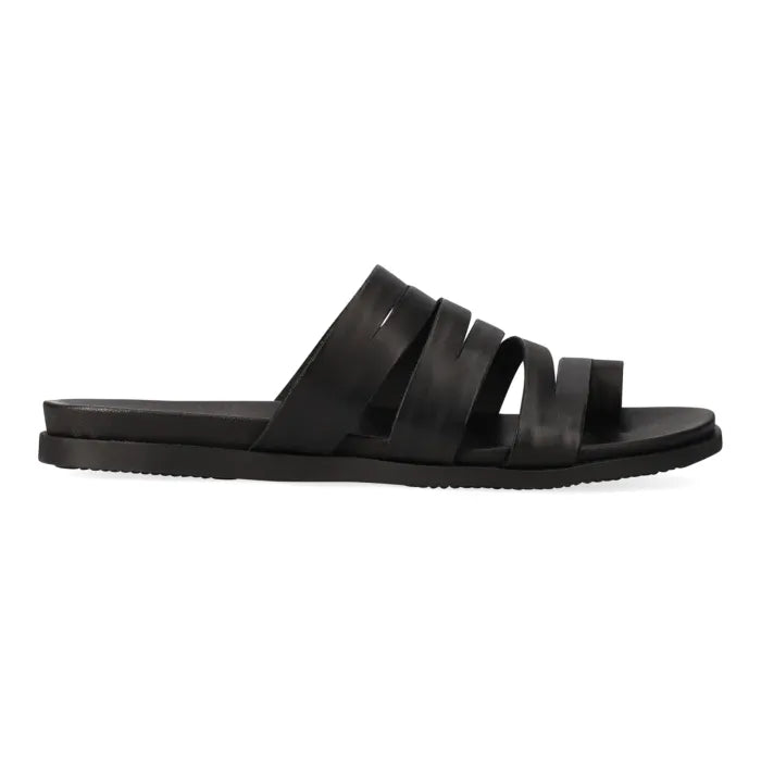 Pair of sandals with black straps on a white background