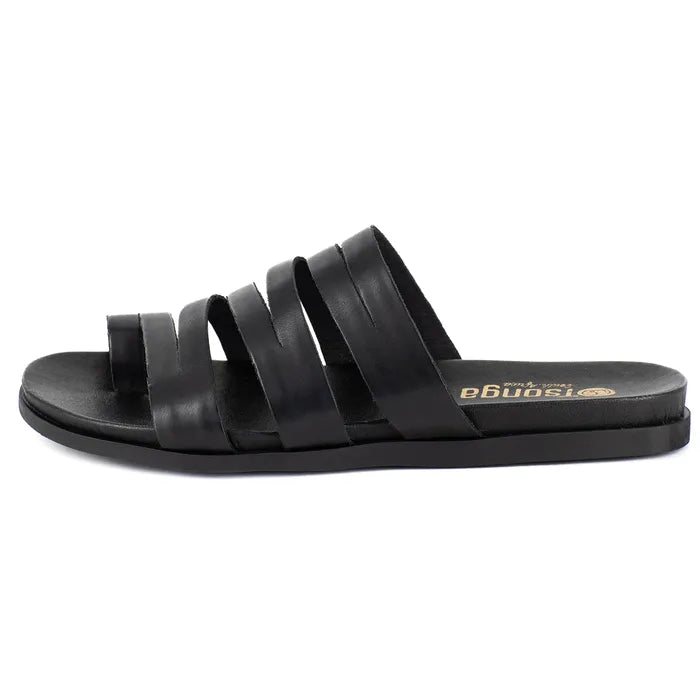 Black sandal with multiple straps on a white background