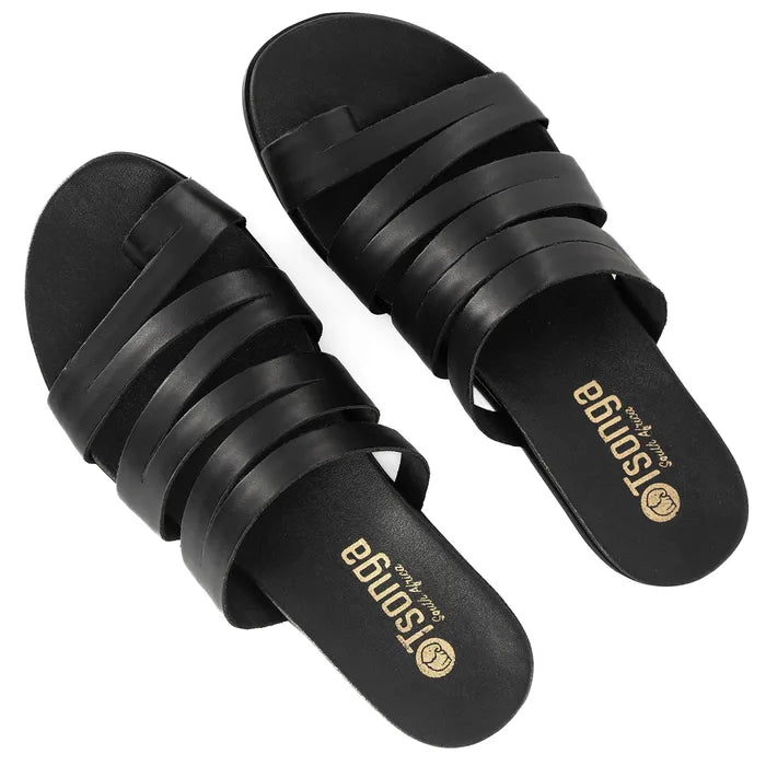Black sandals with 'Tsonga' branding on a white background