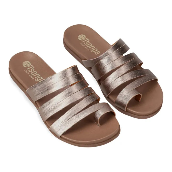 Pair of bronze sandals with 'Tsonga' branding on a white background
