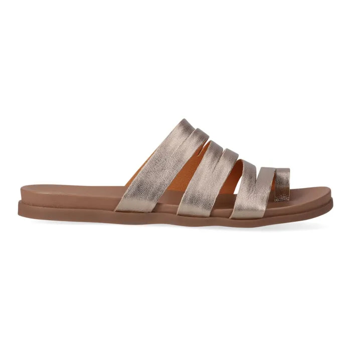 Metallic sandal with multiple straps on a white background