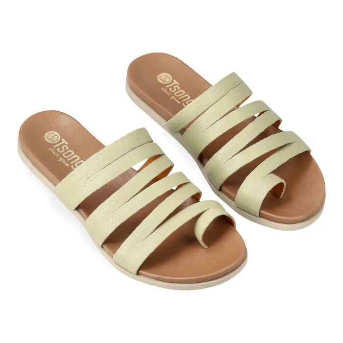Pair of sandals with light green straps on a white background