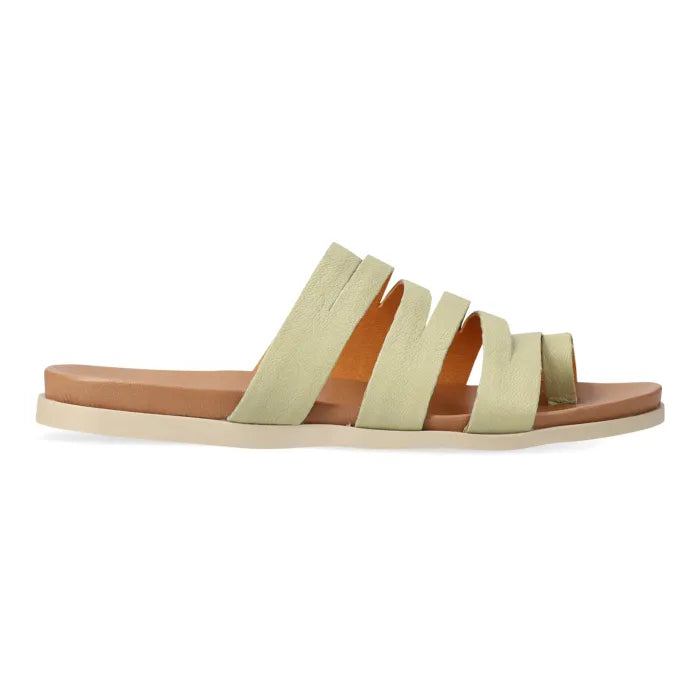 Pair of sandals with light green straps on a white background