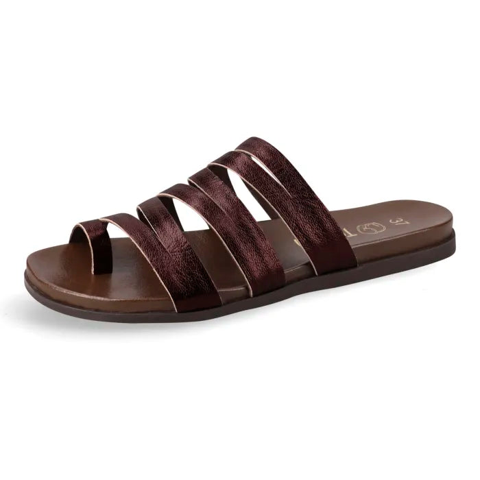 A single women's slide sandal with metallic dark brown straps and a matching brown footbed, shown from a side angle on a white background.