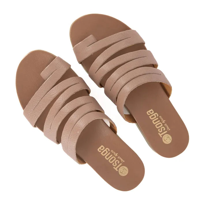 Pair of brown sandals with multiple straps on a white background