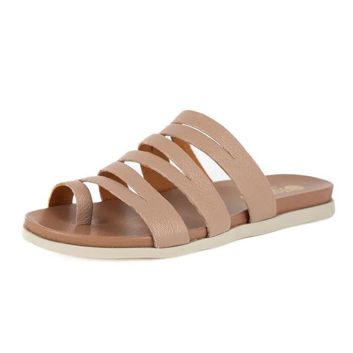 Beige sandal with multiple straps on a white background