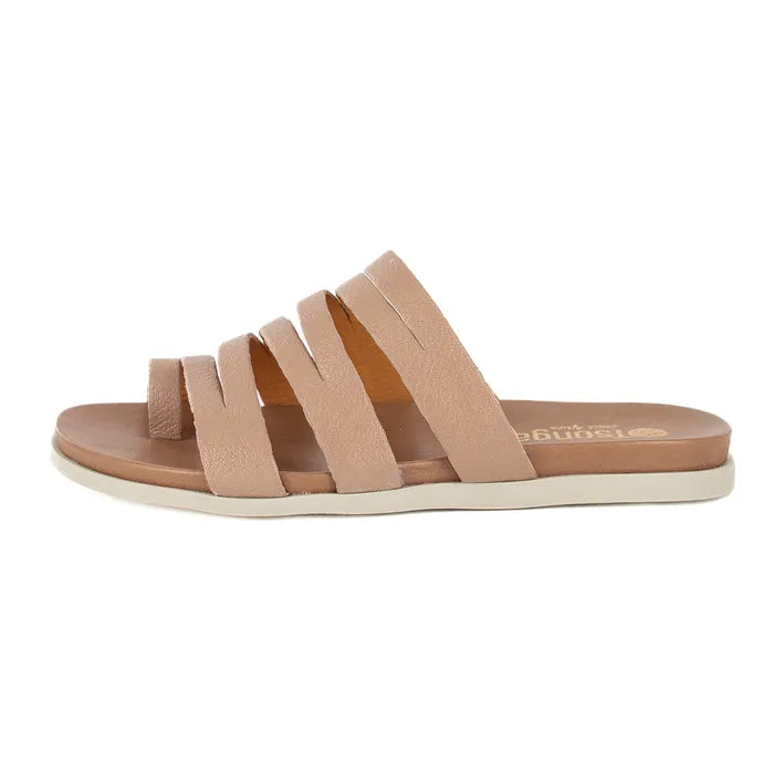 Beige sandal with multiple straps on a white background