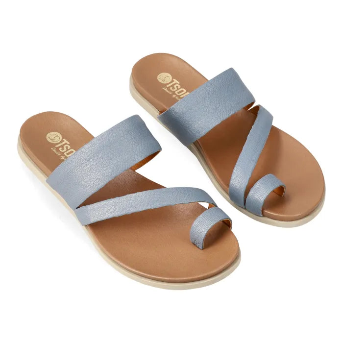 Pair of light blue sandals on a white background