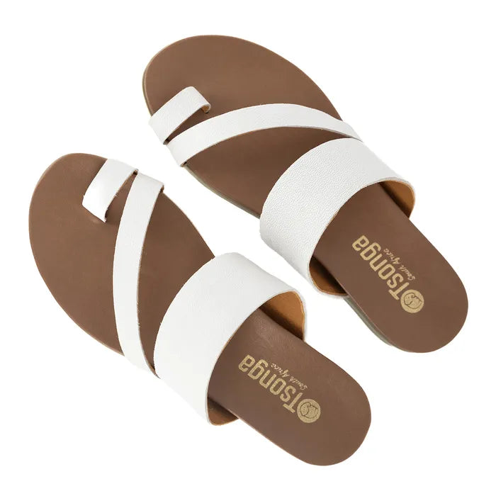 Brown sandals with white straps on a white background